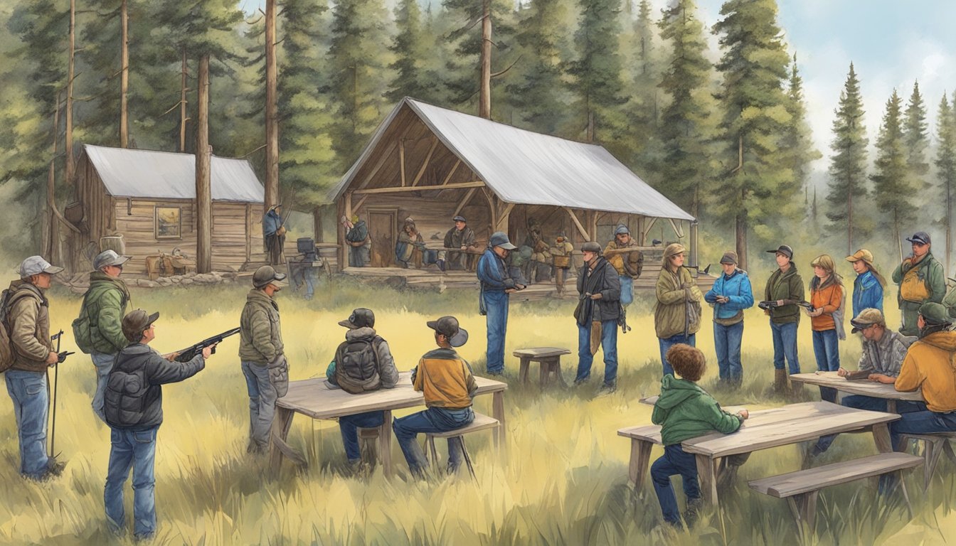 A hunter education class in Wyoming, with instructors teaching firearm safety and wildlife conservation to a group of students