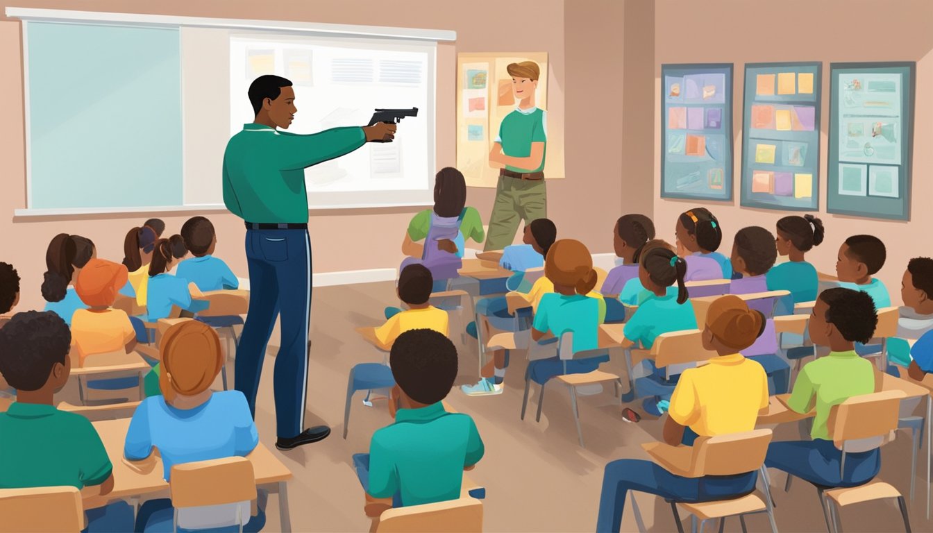 An instructor demonstrates firearm safety to a group of students in a classroom setting. Visual aids and educational materials are displayed on the walls