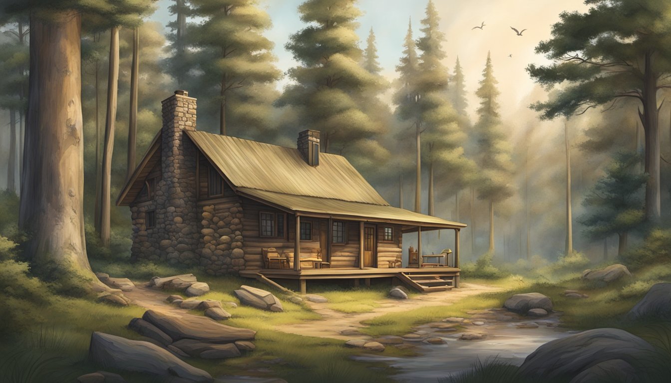 A serene forest with a cozy cabin nestled among tall trees, surrounded by hunting gear and wildlife