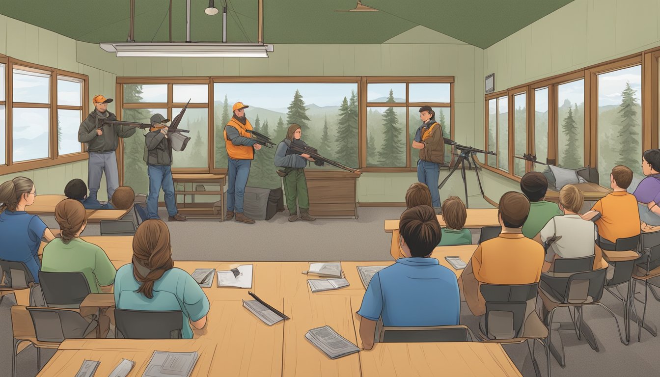 A hunter education class in Oregon, with students learning about safety and legal considerations. Displaying proper firearm handling and hunting regulations