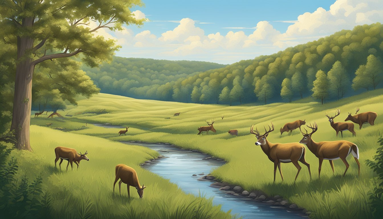 A serene Kentucky landscape with rolling hills, dense forests, and a clear blue sky, showcasing the ideal hunting grounds of Bluegrass Whitetails Outfitters