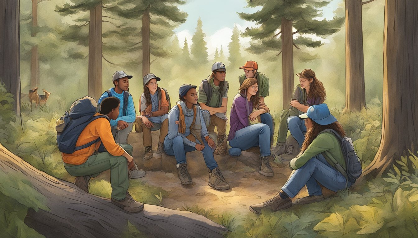 A group of young people and mentors gather in an outdoor setting, surrounded by nature. They engage in educational activities related to hunting and wildlife in Oregon