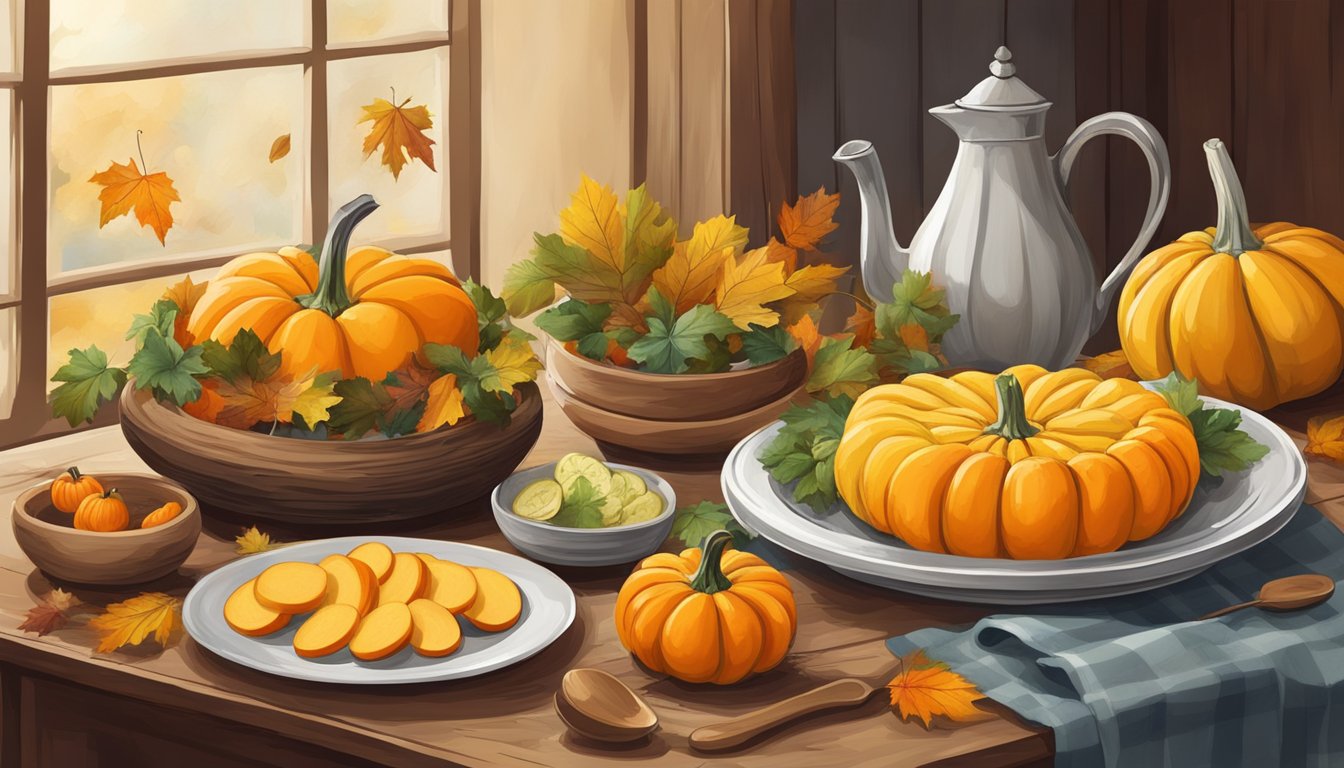 A rustic wooden table adorned with three vibrant squash dishes, surrounded by autumn leaves and seasonal garnishes