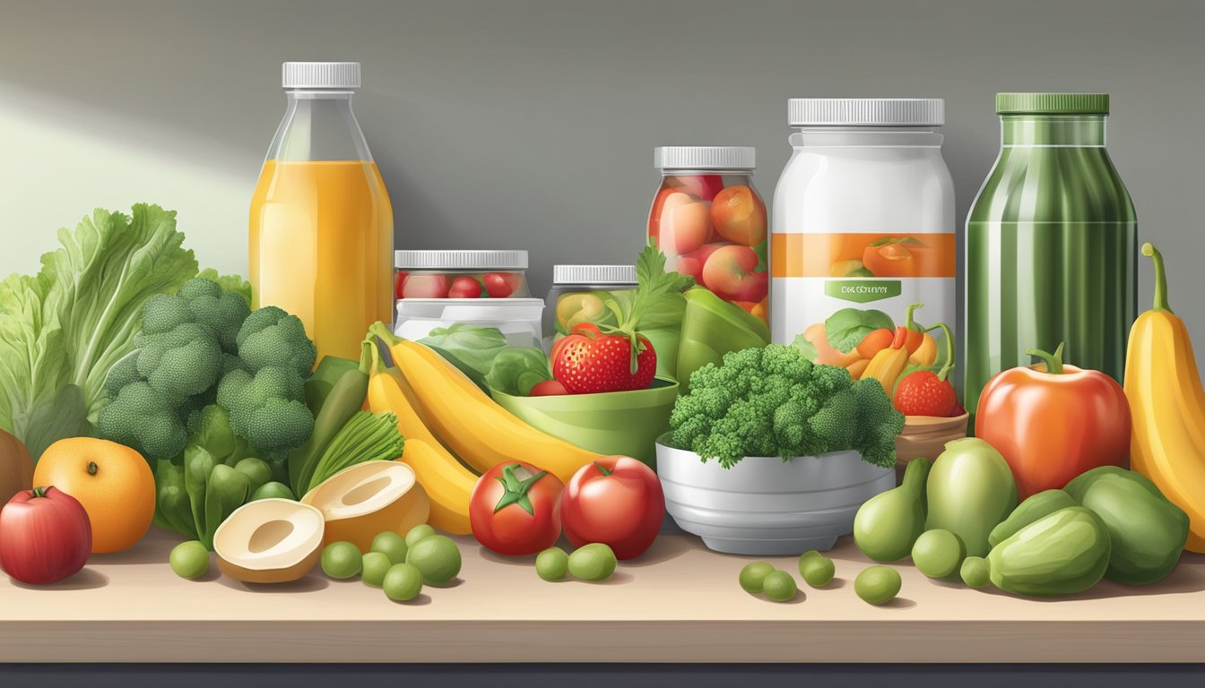 A kitchen counter with fresh fruits and vegetables next to packaged foods with preservatives