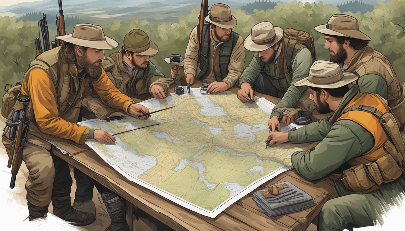 A group of hunters gathers around a map, discussing options. Hunting gear and rifles are laid out on a table, while a guide points to different locations