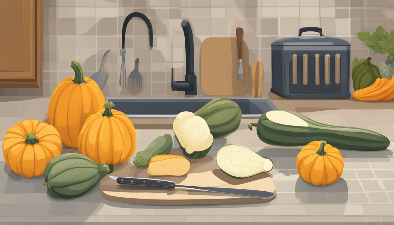 A kitchen counter with three different types of squash, a cutting board, knife, and various cooking utensils. A calendar on the wall shows the month of October