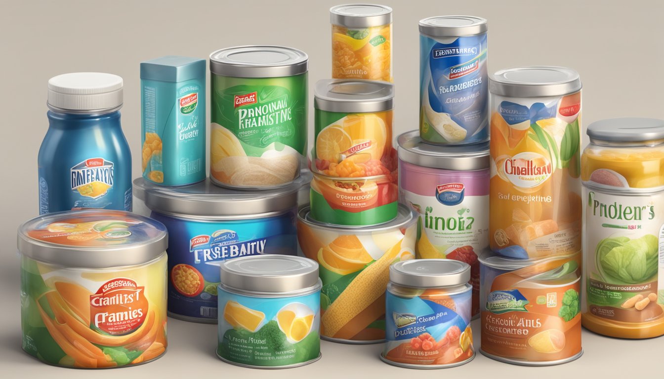 Various packaged foods with preservatives are being cut open, revealing chemical additives spilling out