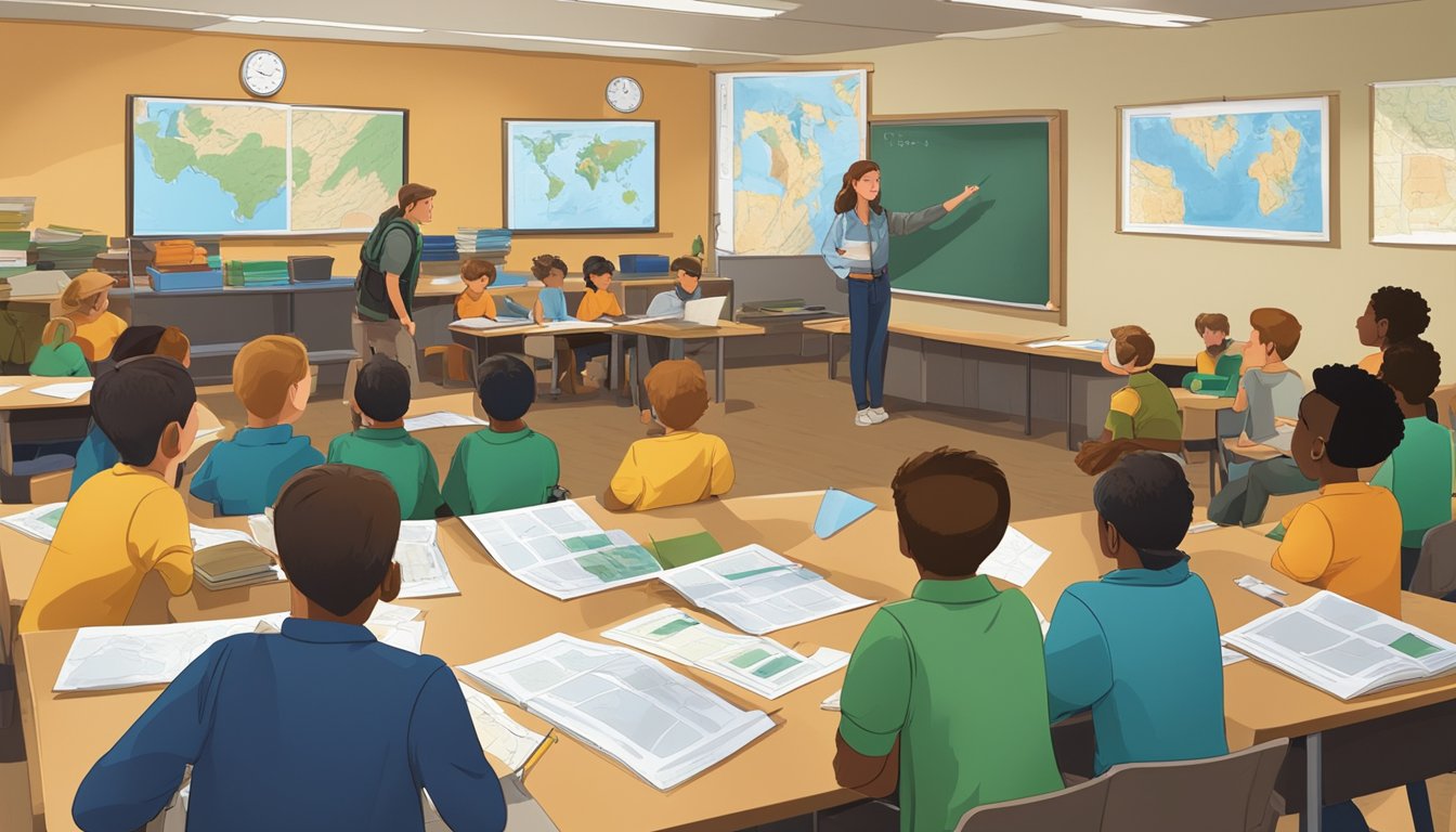 A group of students gather in a classroom, surrounded by maps and educational materials. An instructor teaches about hunting safety and regulations in Wyoming