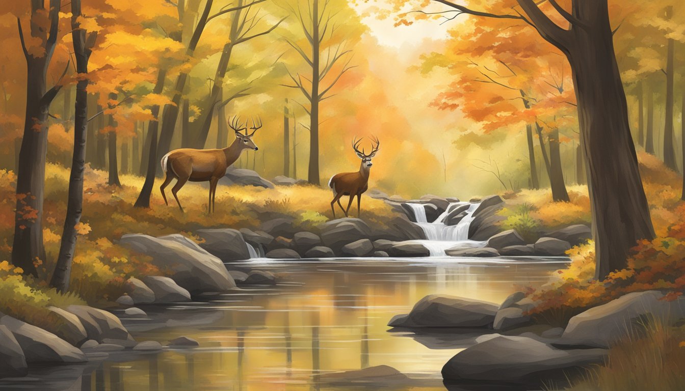 A serene Kentucky forest with vibrant fall foliage, a clear stream, and various wildlife such as deer, turkey, and waterfowl