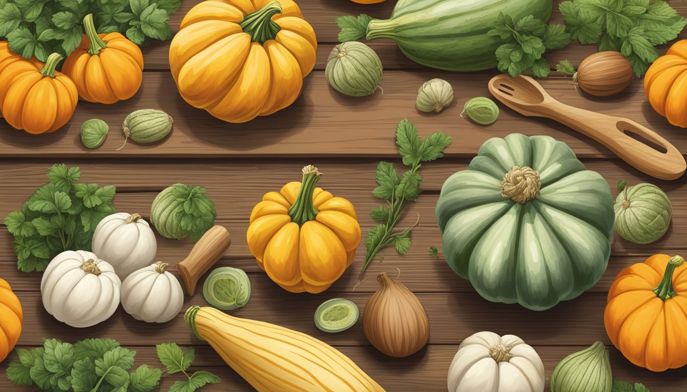 A colorful array of various squash varieties, including butternut, acorn, and spaghetti, displayed on a rustic wooden table alongside fresh herbs and cooking utensils