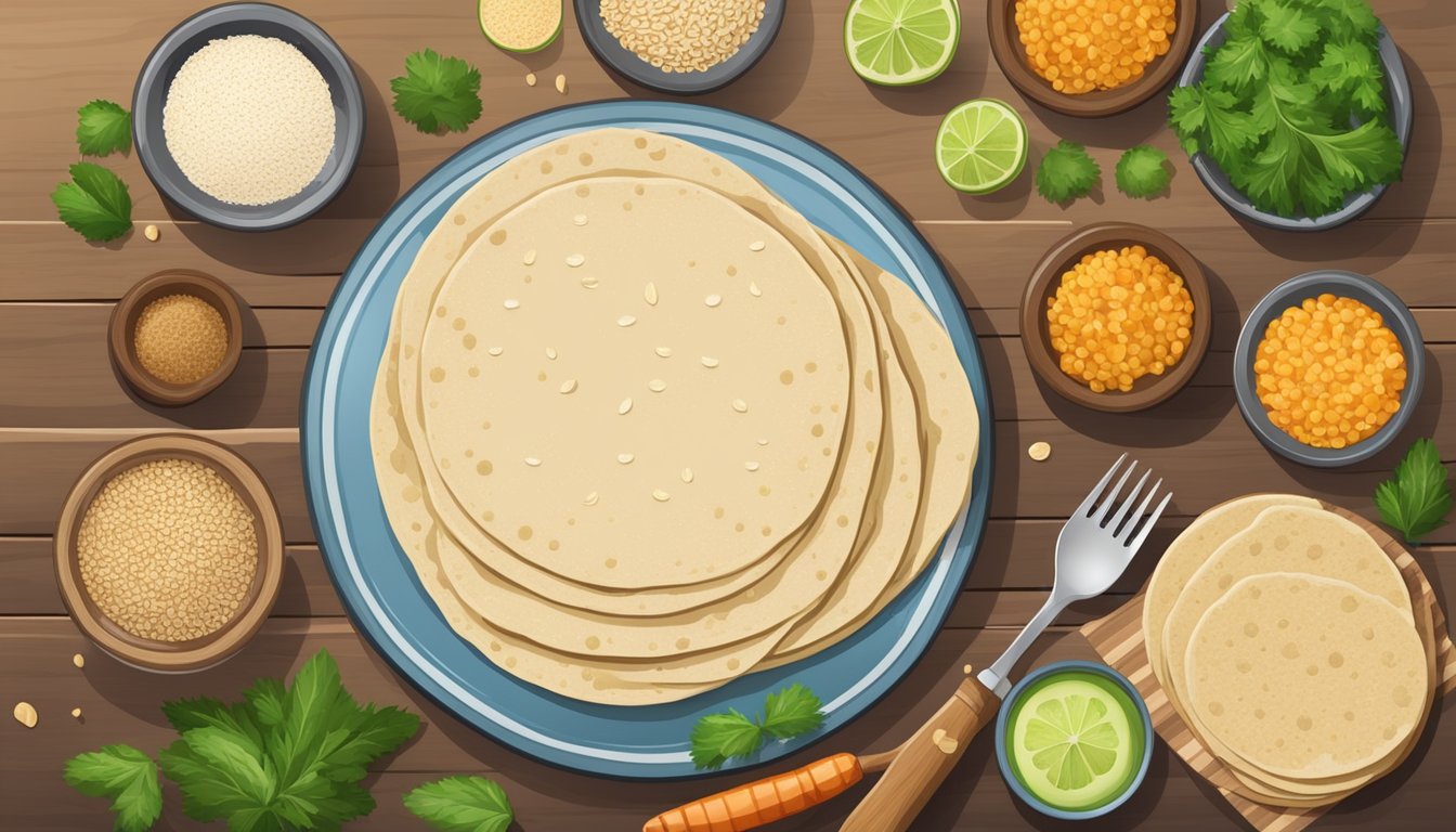 A rustic wooden table set with a plate of healthy oat and cassava flour tortillas, surrounded by scattered grains and vegetables