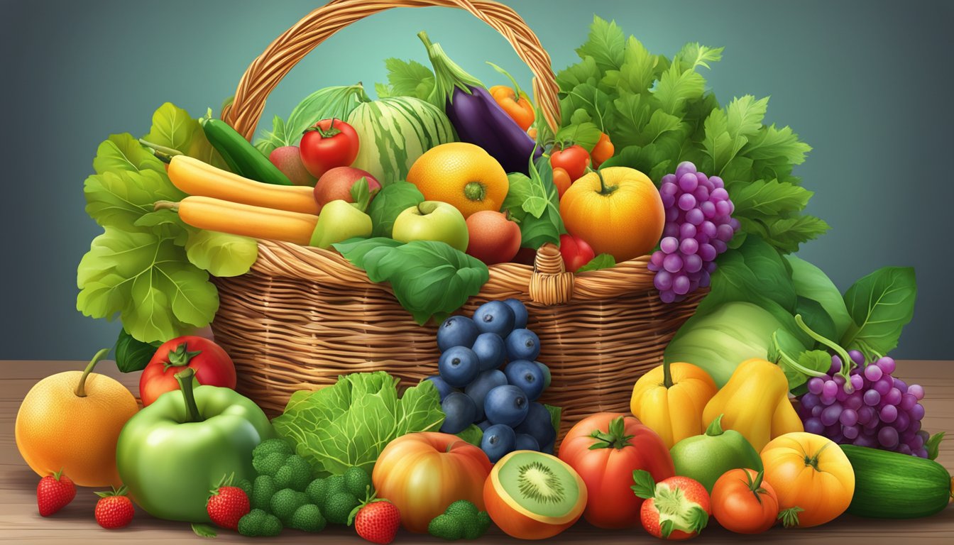 A colorful array of fresh fruits and vegetables spilling out of a wicker basket, with vibrant green leaves and ripe, juicy produce