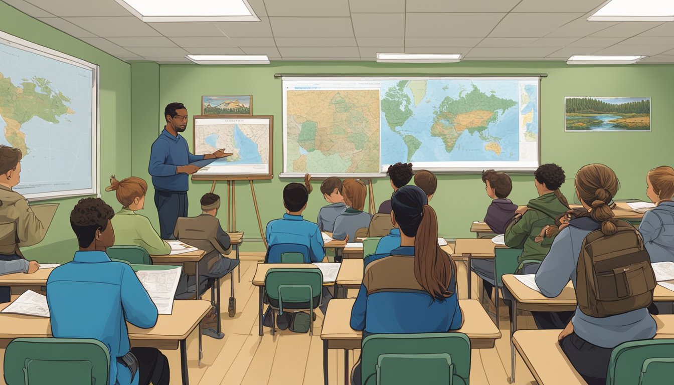 A group of students sit in a classroom, surrounded by posters of wildlife and hunting regulations. An instructor stands at the front, gesturing towards a map of Rhode Island