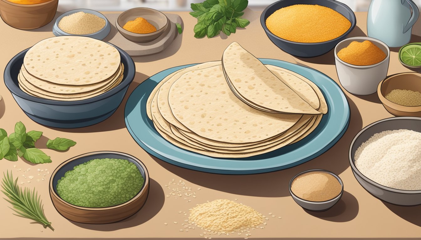 A kitchen counter with a stack of oat and cassava flour tortillas, surrounded by various allergen-friendly ingredients and alternatives