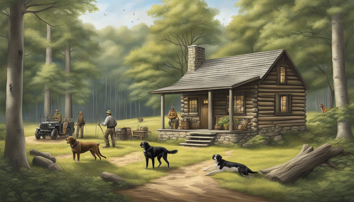 A serene woodland clearing with a rustic cabin, hunting gear, and hunting dogs at the Atkins Hunt Club in Maryland