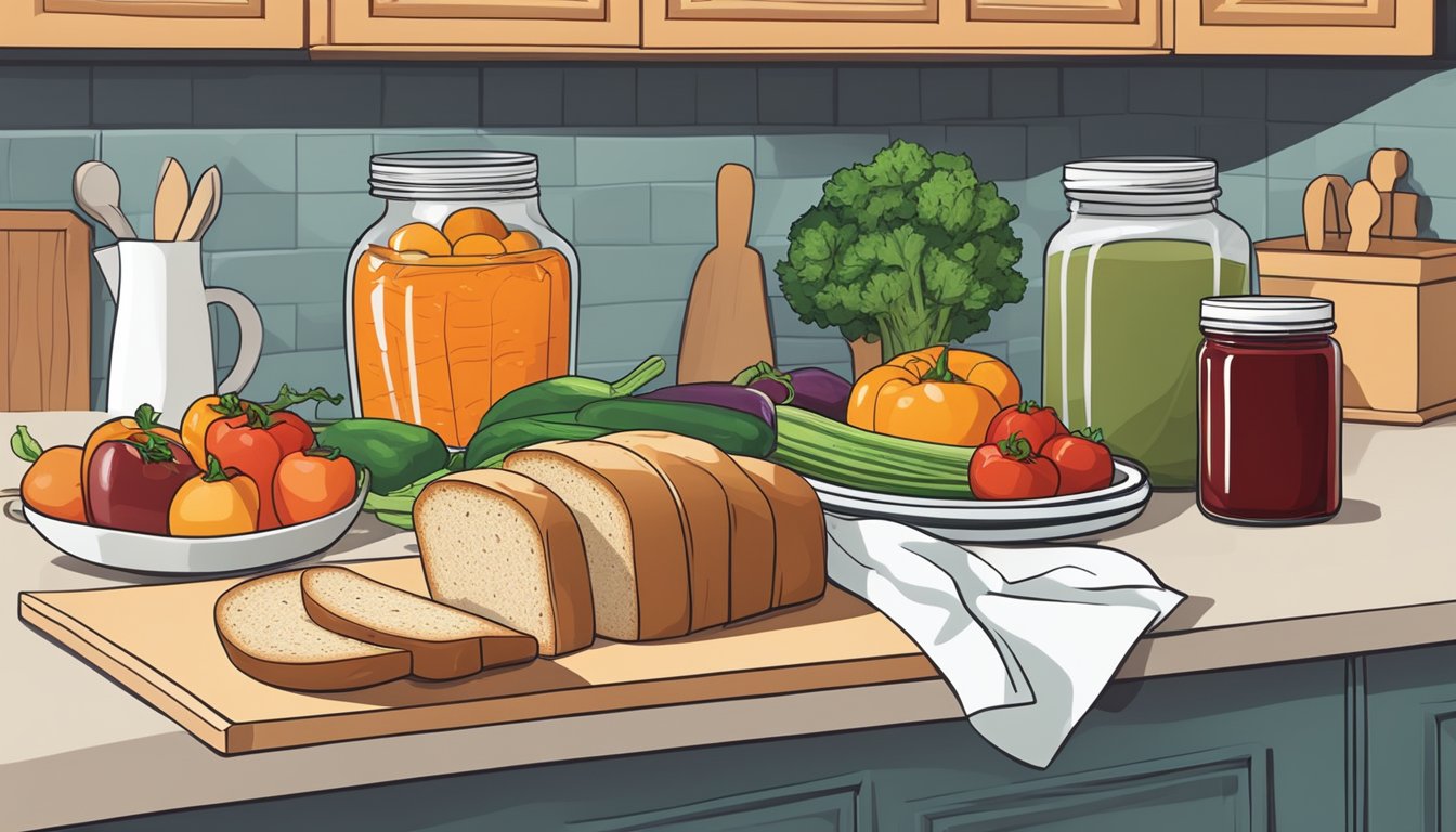 A kitchen counter with fresh fruits and vegetables, a cutting board, and a knife. A jar of preservative-free jam sits next to a loaf of homemade bread