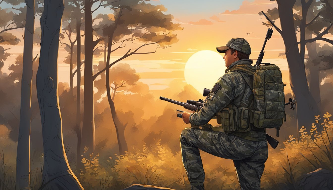 A hunter in camo gear carrying a rifle stands in a wooded area, surrounded by trees and wildlife, as the sun sets over the horizon