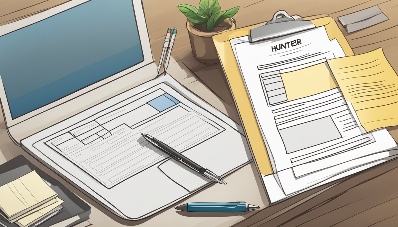 A computer screen displaying a hunter education registration form with fields for personal information and course selection. A desk with a pen and paper for pre-registration