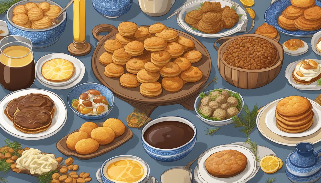 A table with a spread of traditional Hanukkah foods from different parts of the world, including latkes, sufganiyot, and other festive dishes