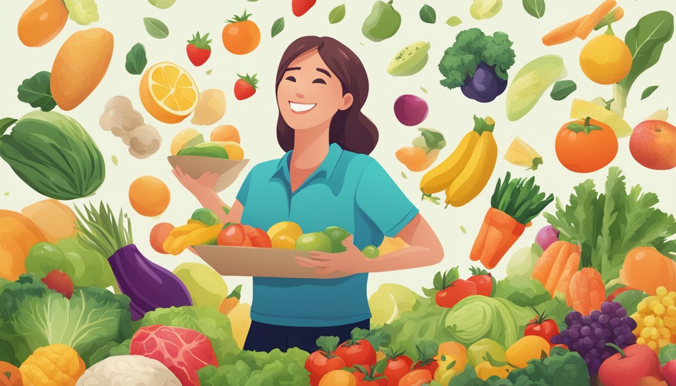 A person tossing out packaged food, surrounded by fresh fruits and vegetables