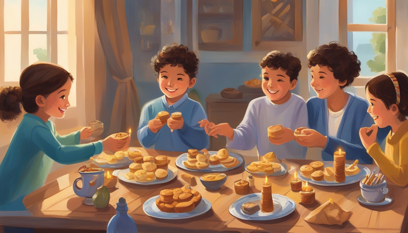 A family in Israel plays dreidel while others in the US light menorahs. In France, children eat sufganiyot. In Argentina, families gather for a festive meal