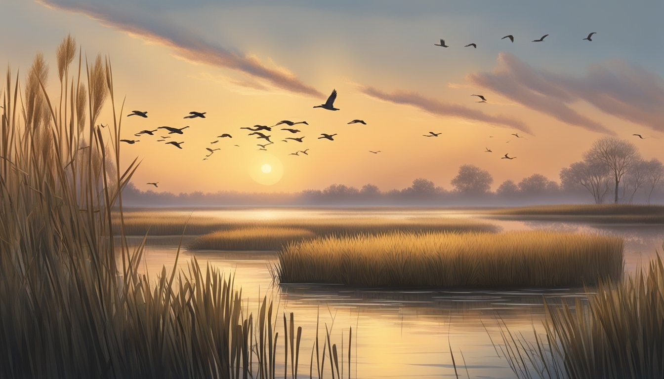 A serene marshland at dawn, with a flock of geese and ducks in flight, and a hunting blind nestled among the reeds