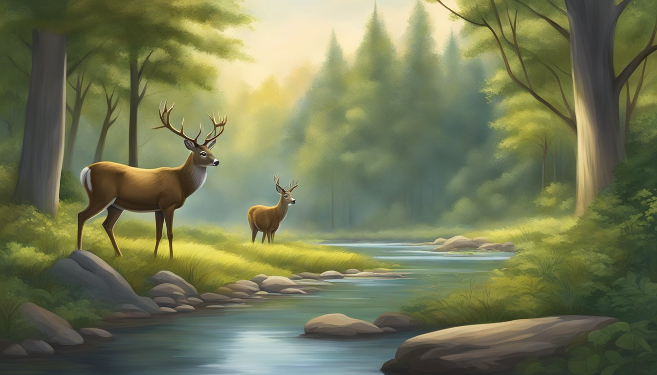 A serene forest clearing, deer grazing near a tranquil river, surrounded by lush foliage and towering trees