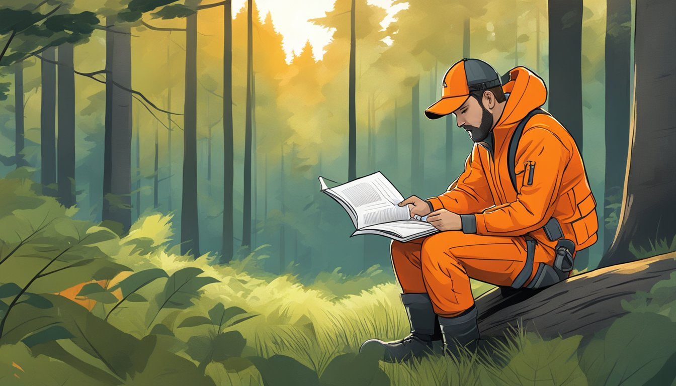 A hunter wearing bright orange clothing studies a safety regulations booklet in a peaceful woodland clearing