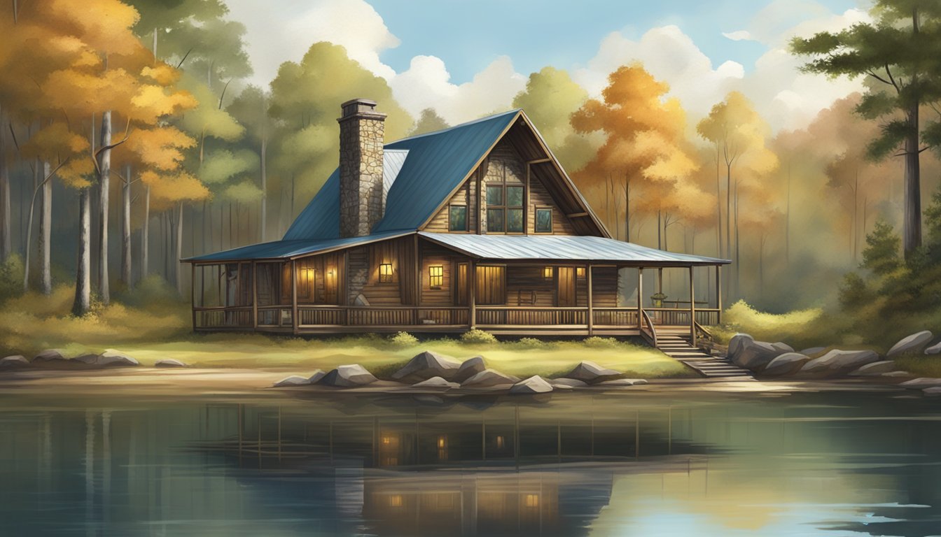 A rustic hunting lodge nestled in the Alabama wilderness, surrounded by dense forest and a tranquil lake