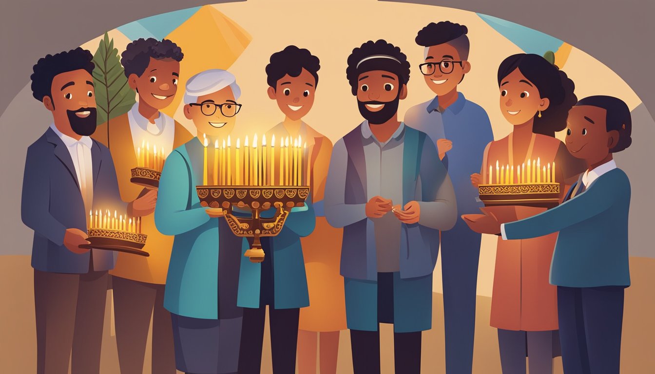 A diverse group of people lighting menorahs in various cultural settings around the world