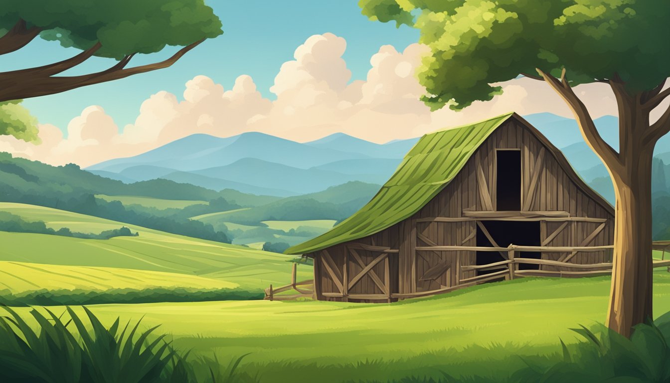 Lush green fields with rolling hills, a rustic barn in the distance, and a bow and arrow laid out on a wooden table