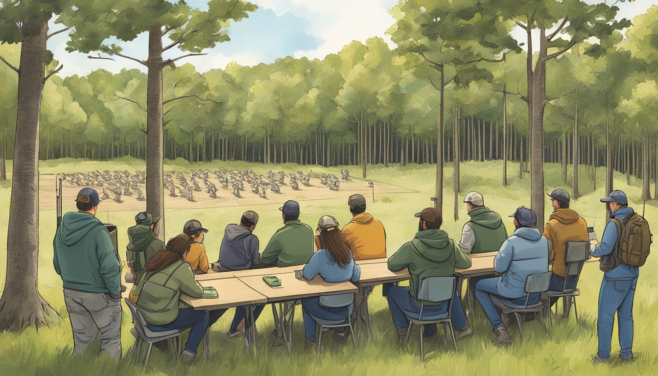 A group of students and instructors gather at a local shooting range for a hunter education course in Rhode Island. The range is surrounded by trees and there are targets set up at various distances