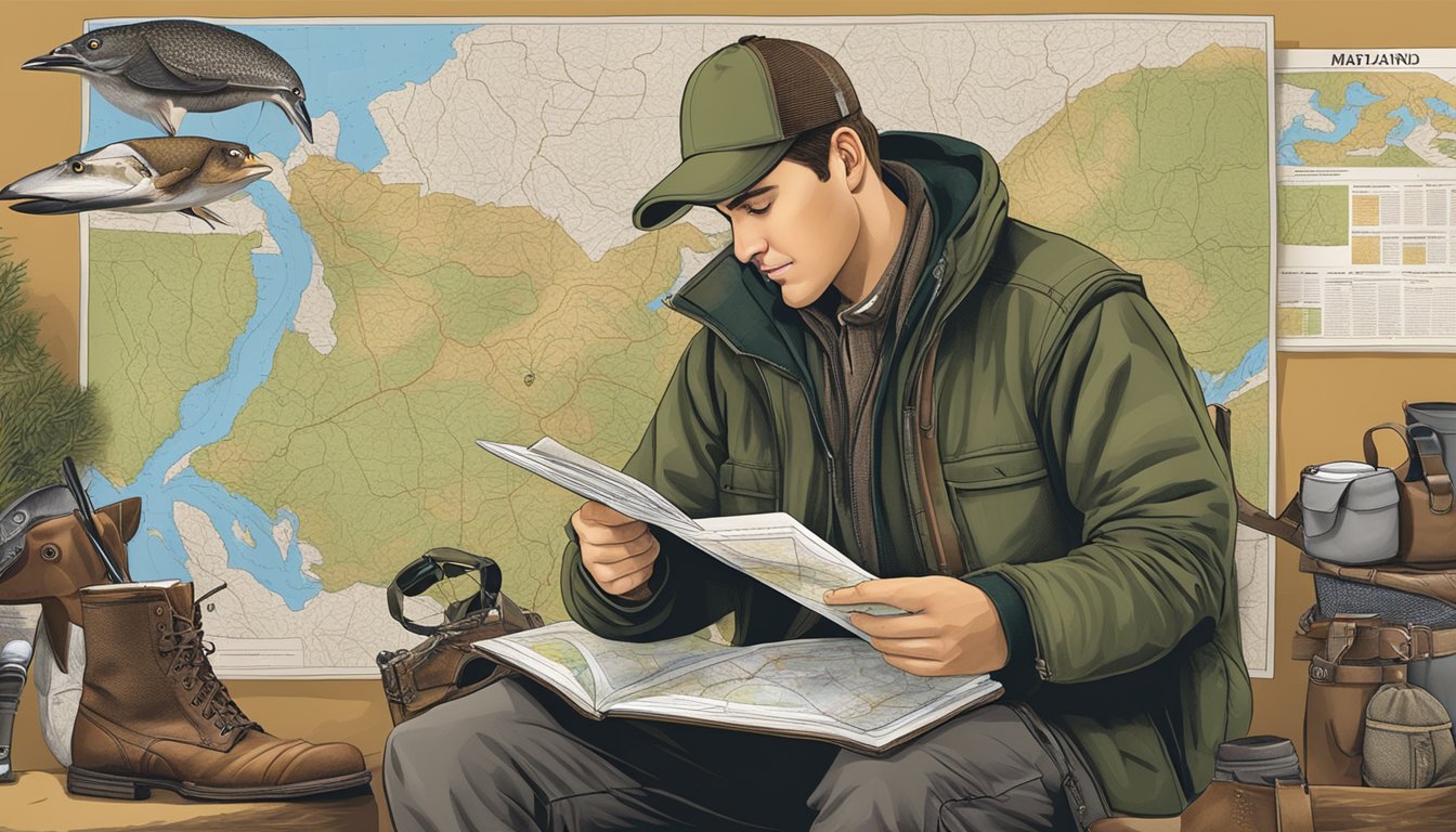 A hunter studying a detailed map of Maryland's hunting regulations, surrounded by hunting gear and outfitter brochures