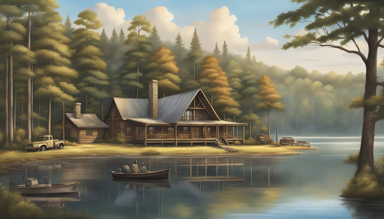 A rustic lodge nestled in the Alabama wilderness, surrounded by towering trees and a serene lake, with hunting gear and vehicles ready for adventure