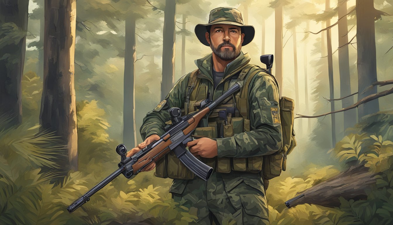 A hunter standing in a forest, surrounded by trees and wildlife, holding a rifle and wearing camouflage gear