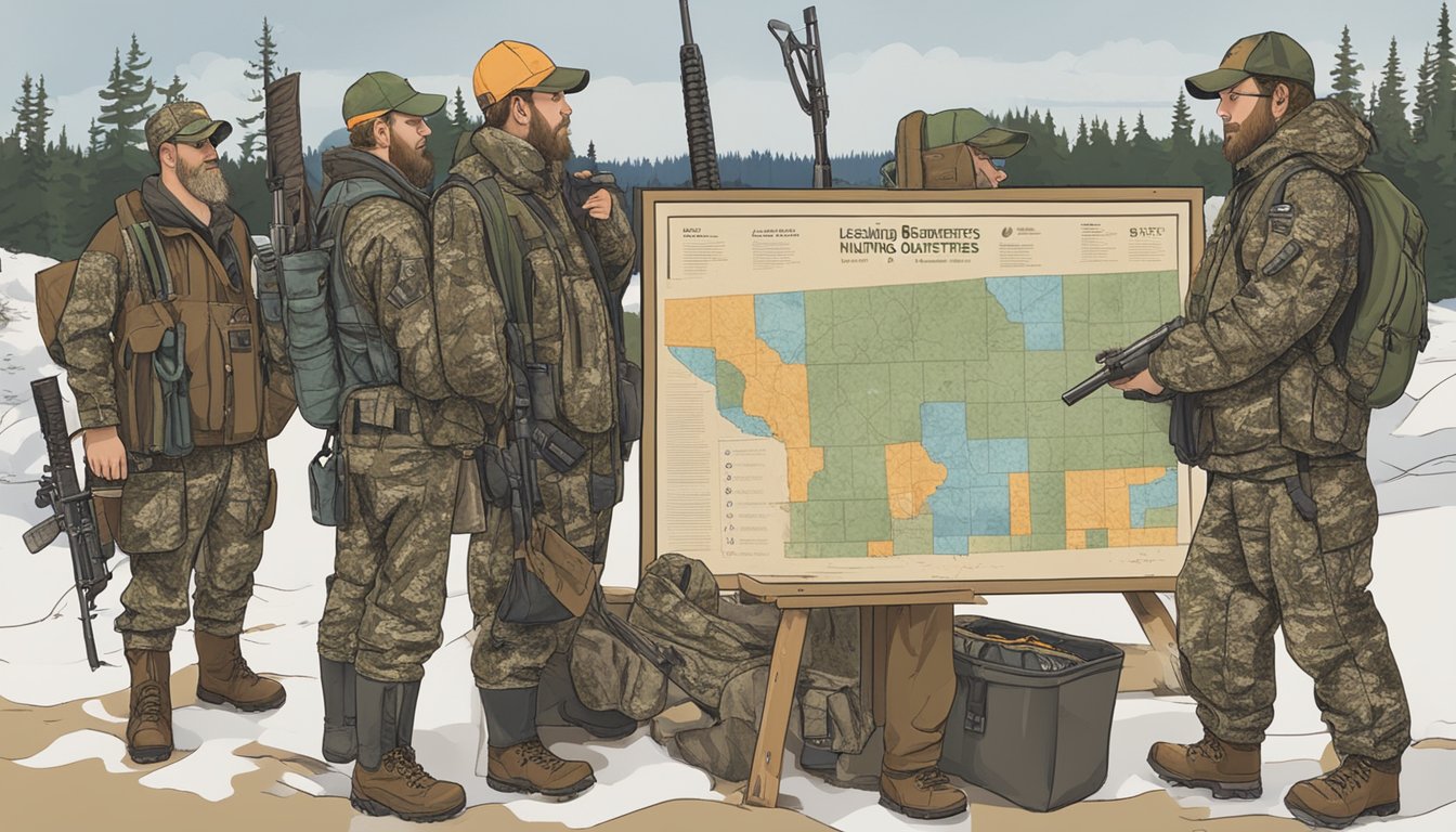 A group of hunters in camouflage gear standing next to a sign that reads "Licensing Requirements for Hunting Outfitters in Minnesota." The hunters are holding rifles and looking at a map