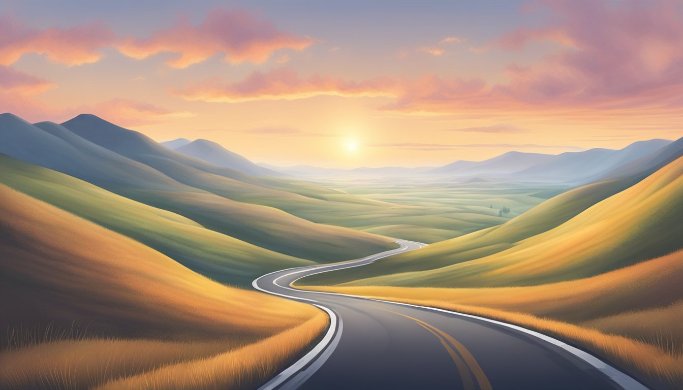 A winding road stretching into the distance, with a hazy horizon and a bright, hopeful sky overhead