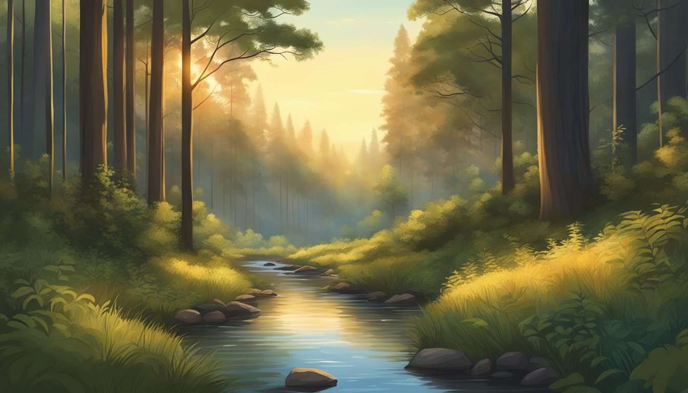 A dense forest with towering trees, thick underbrush, and a tranquil stream, all bathed in the warm glow of the setting sun