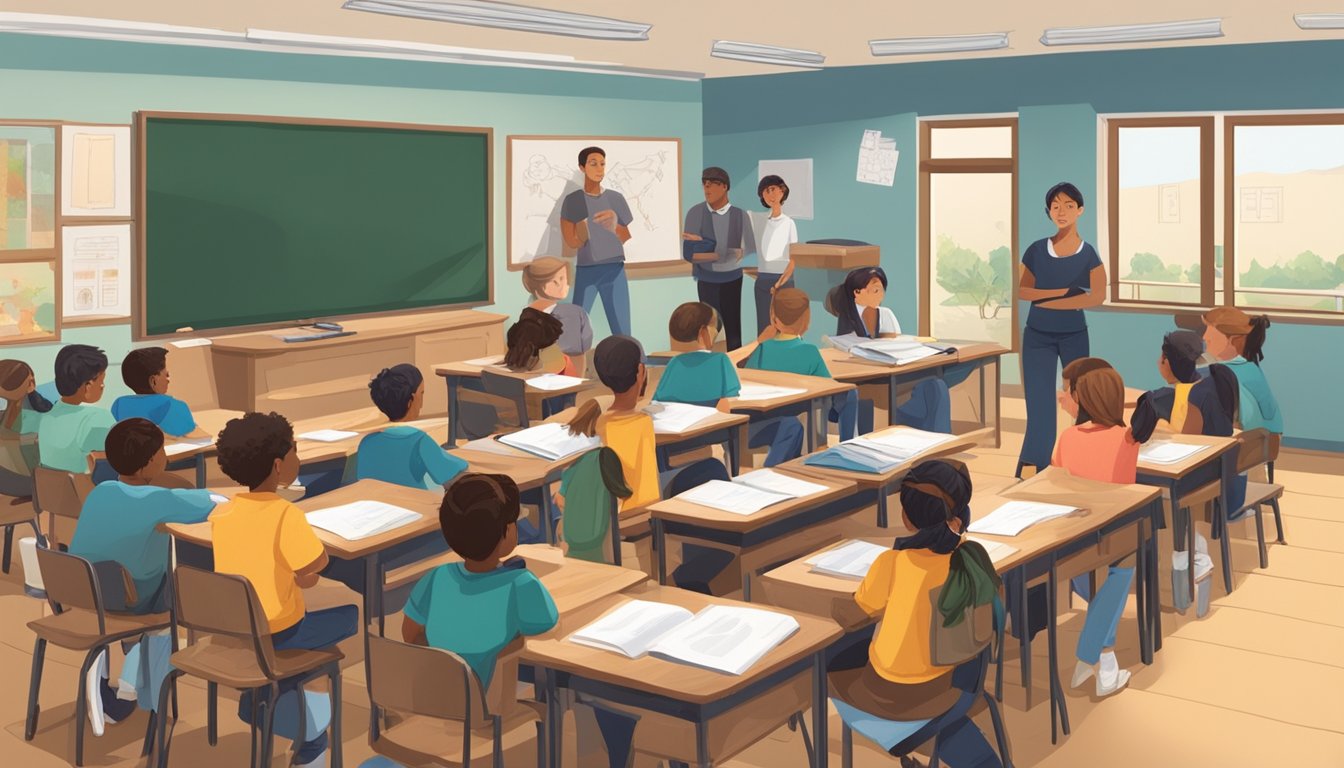 A group of students sit in a classroom, listening to an instructor explain hunter education. Visual aids and materials are spread out on the tables