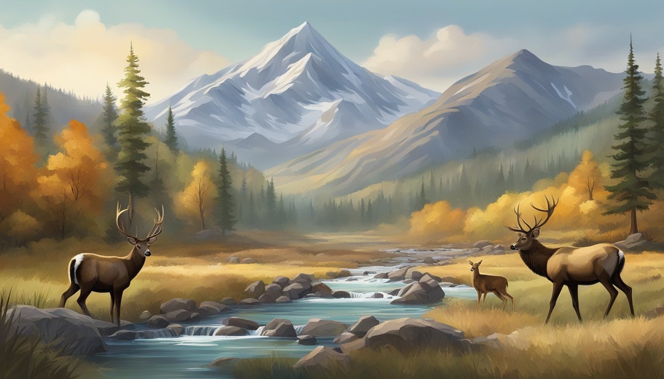 A rugged mountain landscape with a clear stream, dense forest, and wildlife such as deer, elk, and turkey