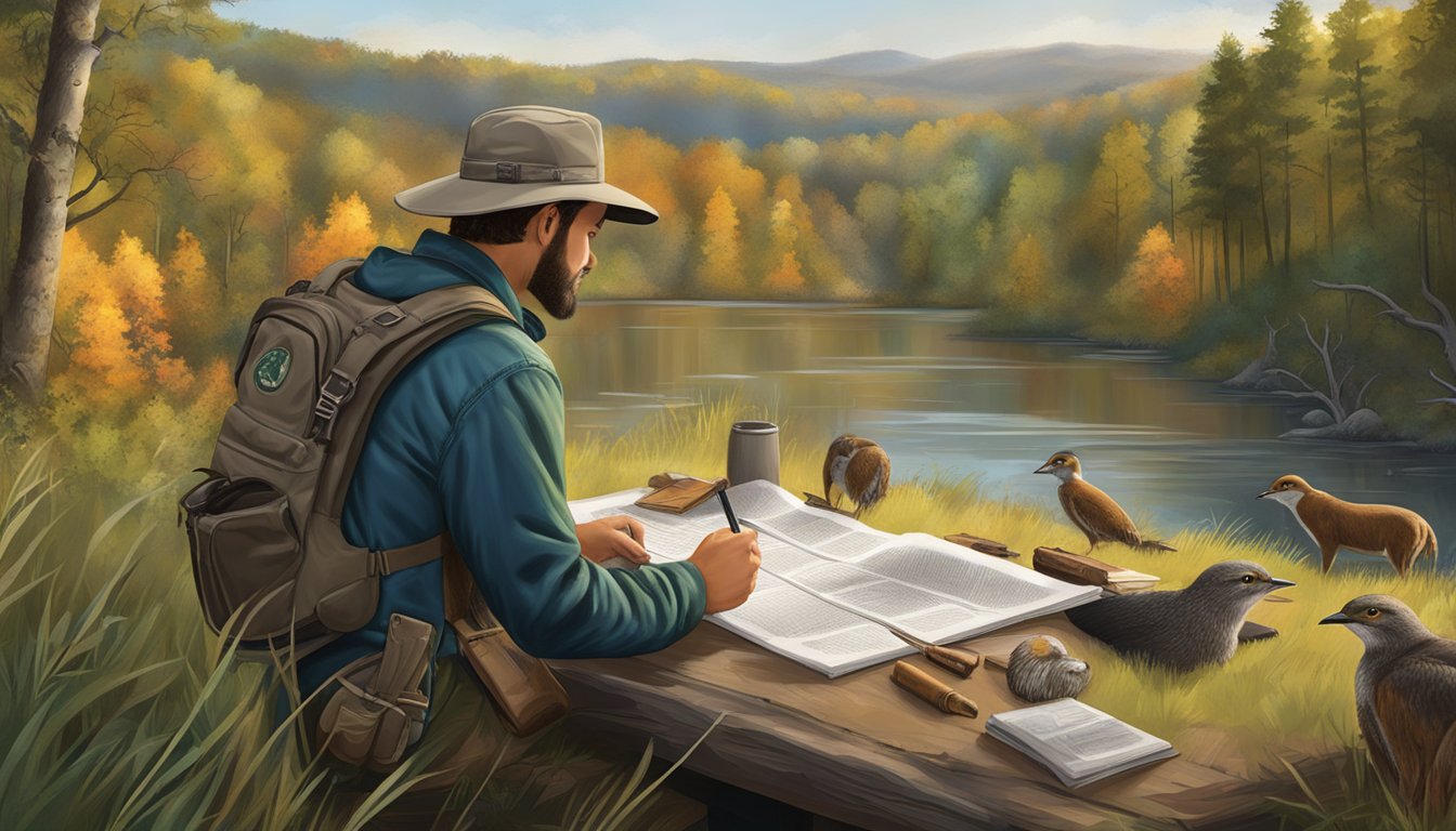 A hunter in Tennessee studying a field guide, surrounded by nature and wildlife, with a certificate of completion on the table