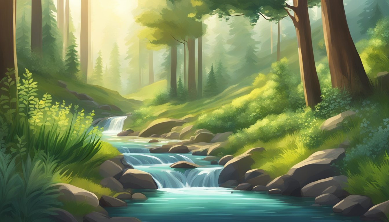 A serene forest with sunlight filtering through the trees, surrounded by mountains and a peaceful stream. Wild herbs and plants grow abundantly, showcasing a natural environment