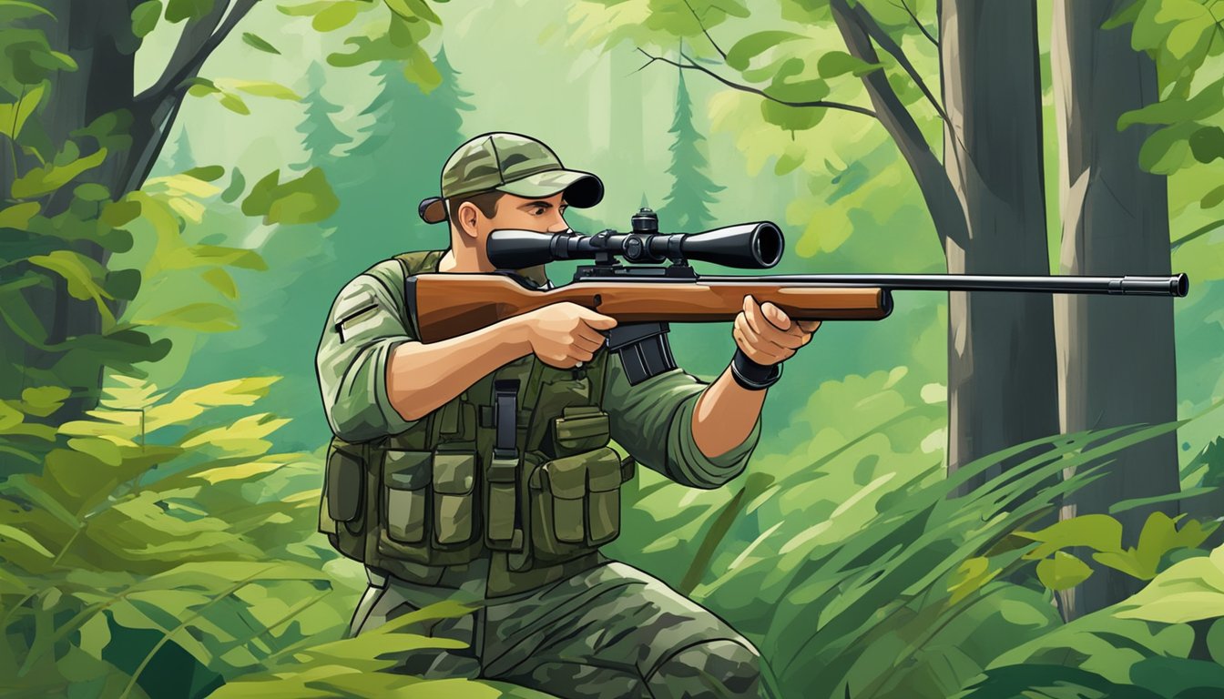 A hunter in camouflage gear stands in a wooded area, aiming a rifle at a target. The landscape is lush and green, with trees and foliage in the background