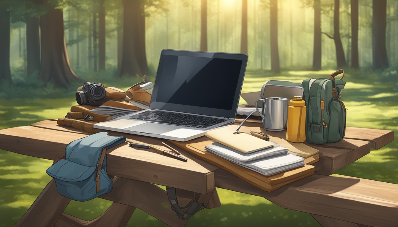 A serene forest clearing with a laptop, hunting gear, and educational materials spread out on a picnic table. Sunlight filters through the trees