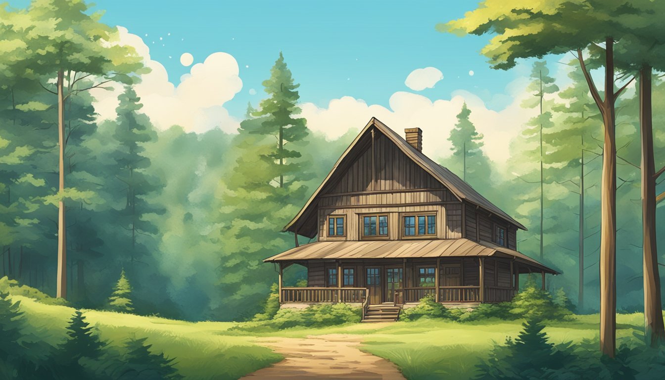 A serene forest clearing with a rustic hunting lodge surrounded by lush greenery and a clear blue sky overhead