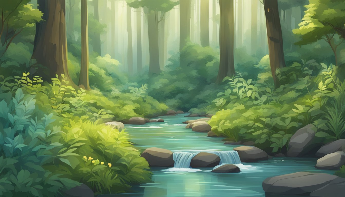 A tranquil forest with various adaptogenic herbs growing among the trees and a serene stream flowing through the scene