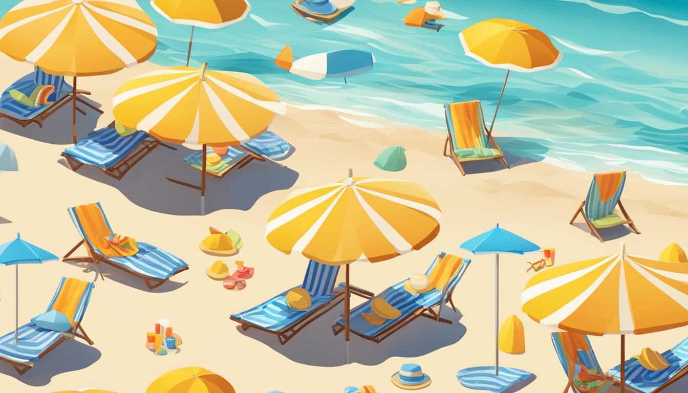 A sunny beach with sunscreen, hats, and umbrellas to prevent burns