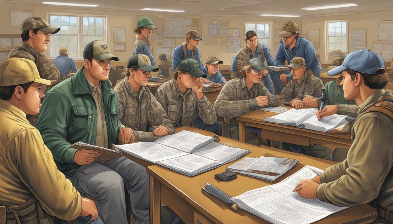 A group of hunters studying state regulations and requirements in a Tennessee classroom. Maps, hunting gear, and educational materials are visible