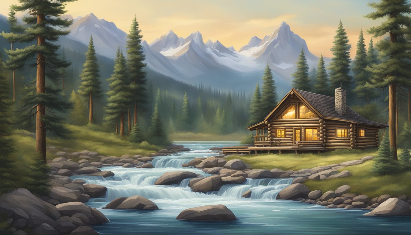 A rustic log cabin nestled in the Montana wilderness, surrounded by towering pine trees and a clear, rushing stream