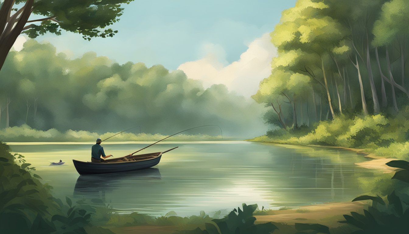 A serene riverbank with lush trees, a fishing boat, and a hunter preparing for a hunt